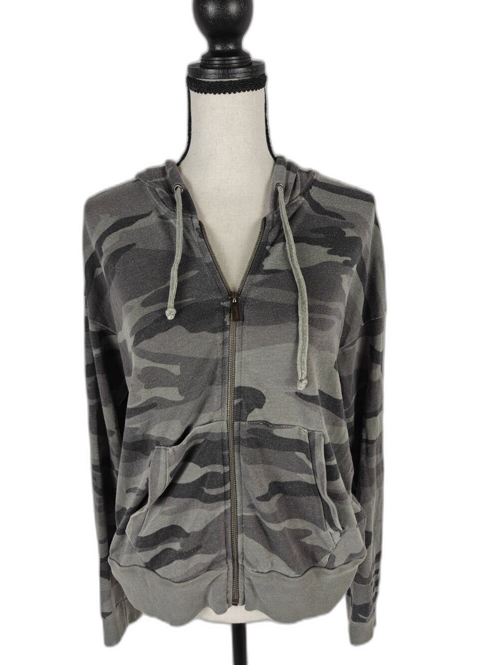 Women's Splendid Zip Up Hoodie Gray Camo Lightweight Hooded Sweatshirt